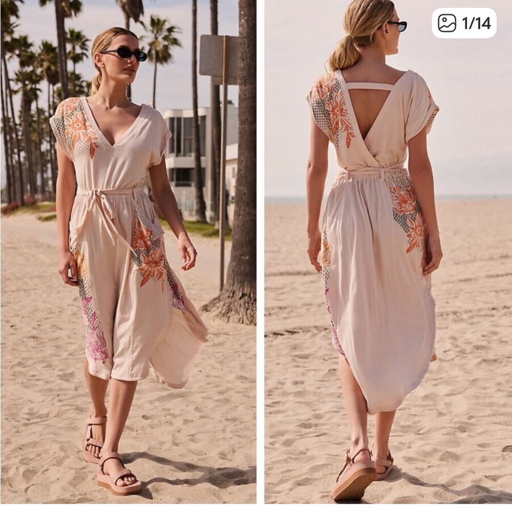 Anthropologie Cream Midi Dress with Pink & Orange Floral Embroidery